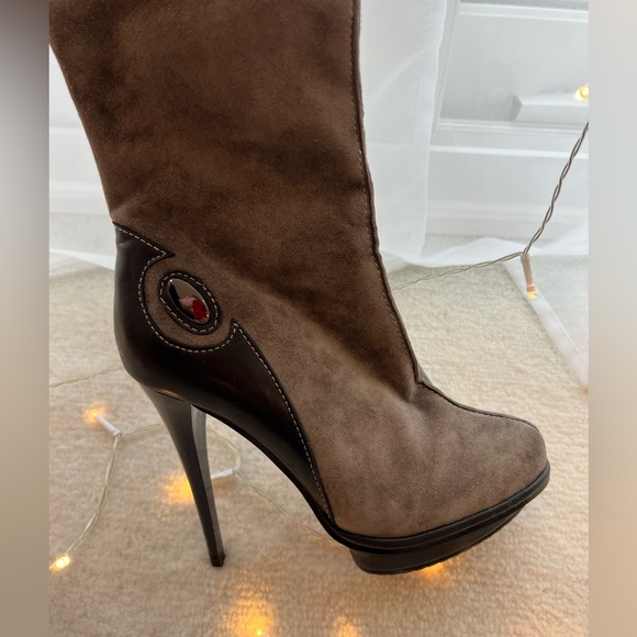 Italian Designer Suede Brown Green Khaki Knee High Fur Boots Platform High Heels - Picture 11 of 14